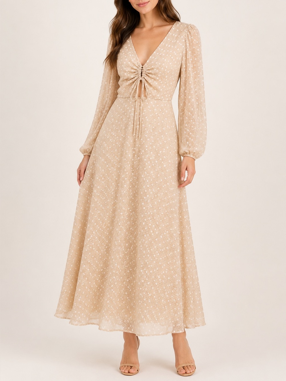 RACHEL Rachel Roy Beige Floral Drawstring Maxi Dress